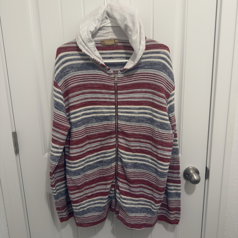 Obvious Women's Hooded Zip Up Sweater Long Sleeve‎ Red/Blue/White Size XL